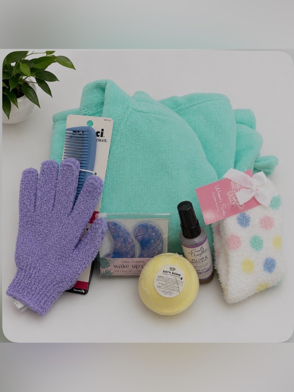Mint Green Bath Robe & Body Spa Set with Lavender Gloves and Yellow Bath Bomb +